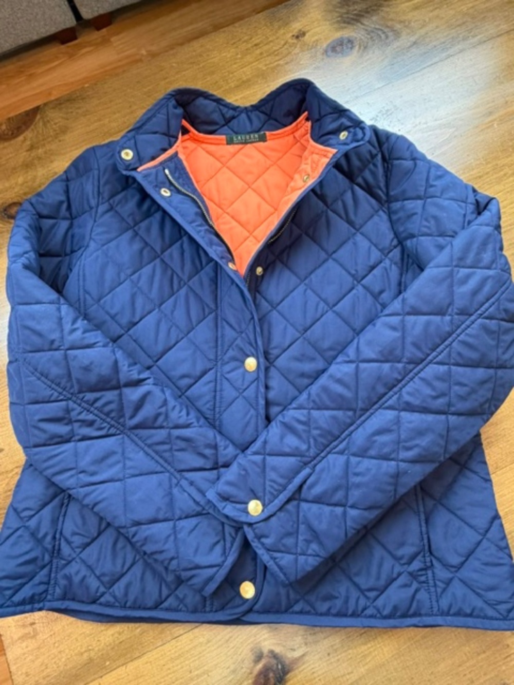 Lauren Ralph Lauren Diamond Quilted Snap Front Jacket Navy w/ Orange Lining Sz L - Picture 3 of 10
